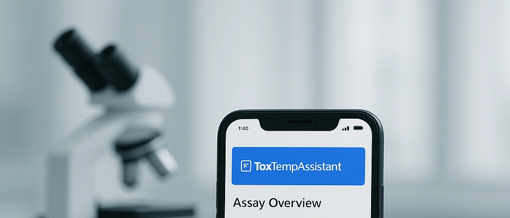 Illustration of the ToxTempAssistant assay overview on a phone, next to a microscope and petri dishes